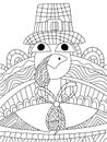 Funny cartoon turkey bird in pilgrim hat vector coloring page for kids Royalty Free Stock Photo